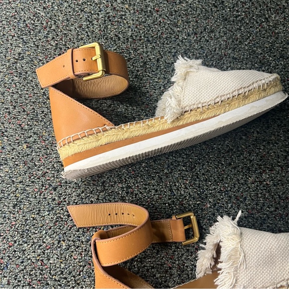 SEE BY CHLOE Tan Glyn Espadrilles Leather Flat Neutral Flats Shoes Gold Buckle 8 - Picture 9 of 16